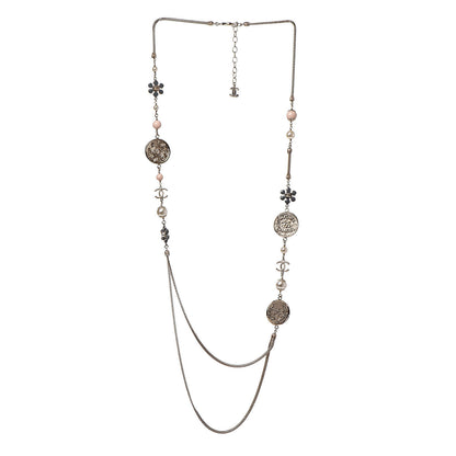 Chanel Resin Pearl CC Flower Coin Long Necklace Gold 3 of 4
