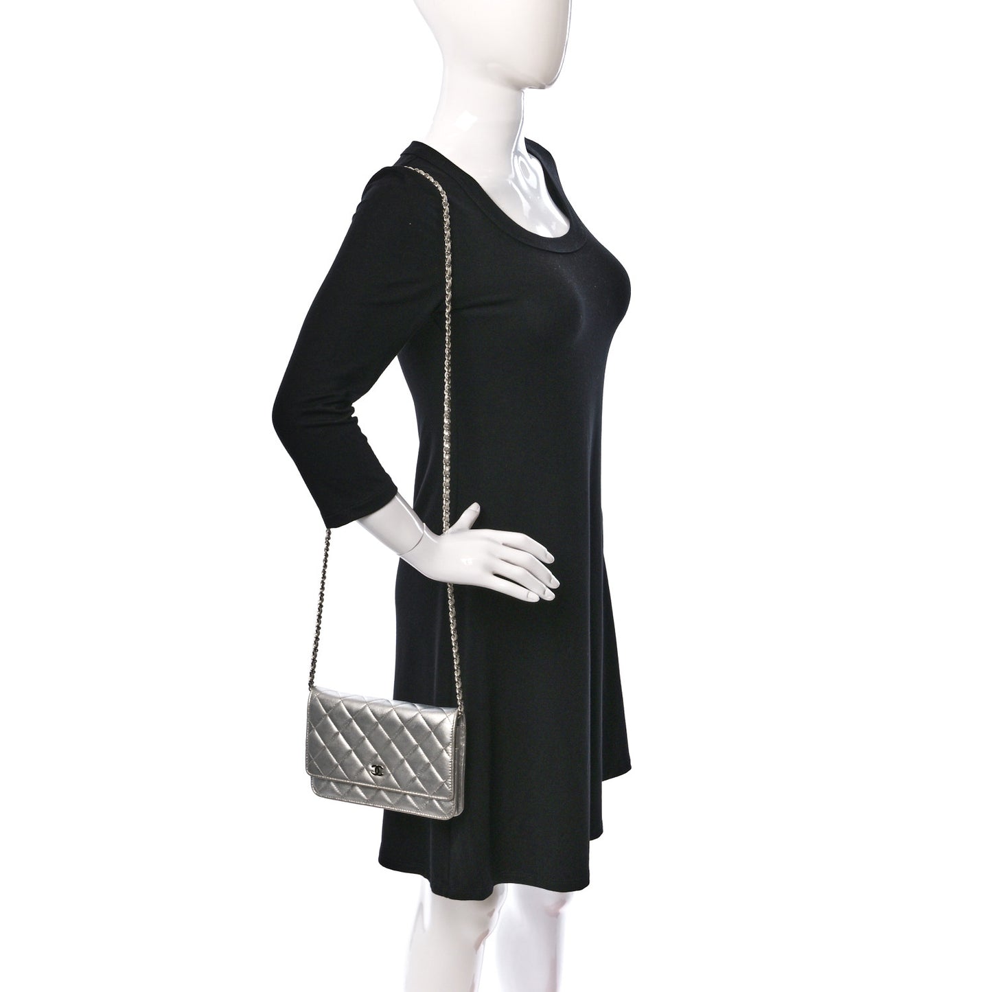 Metallic Lambskin Quilted Wallet On Chain WOC Silver