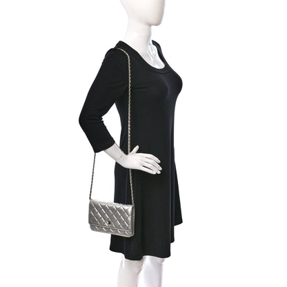 Chanel Metallic Lambskin Quilted Wallet On Chain WOC Silver 2 of 19