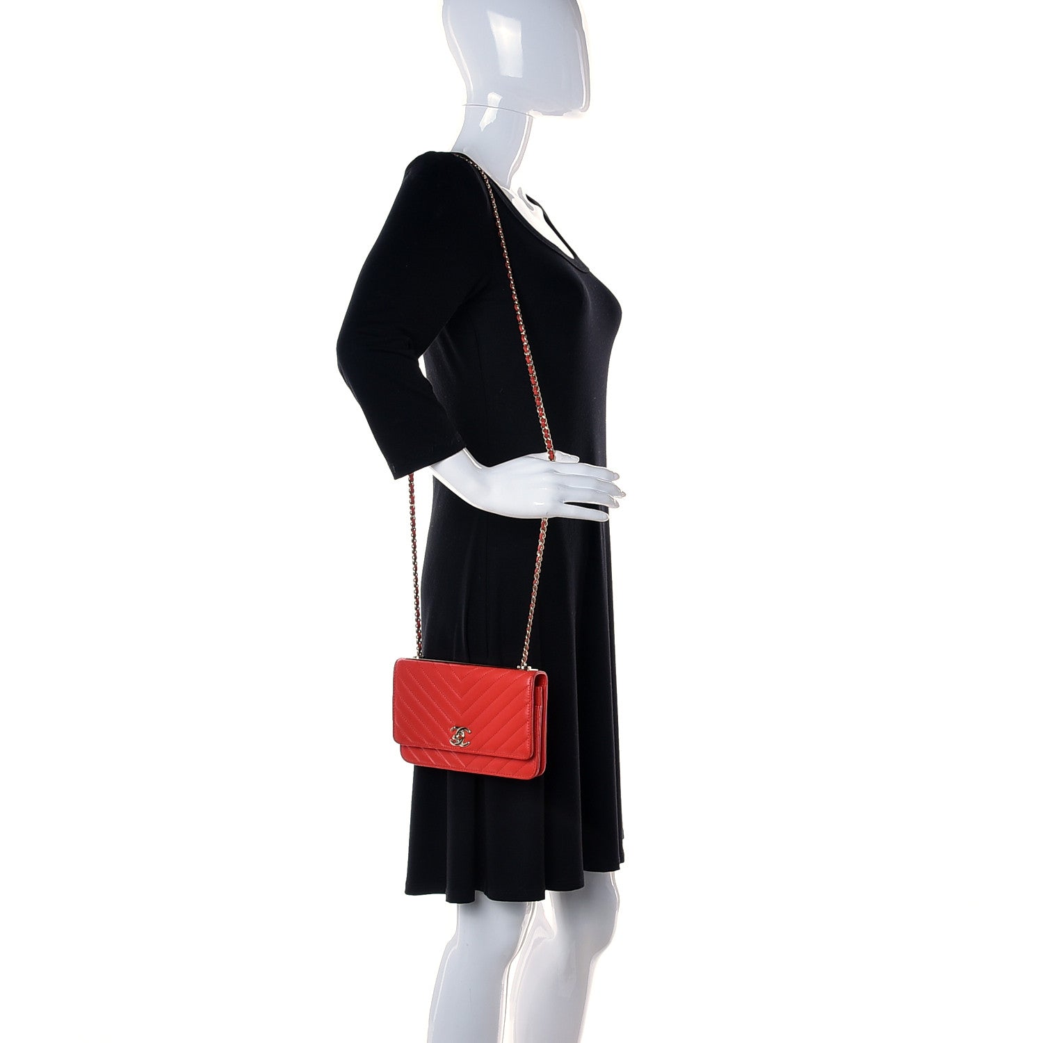 Chanel Lambskin Chevron Quilted Trendy CC Wallet On Chain WOC Red 2 of 18