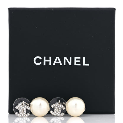 Chanel Crystal Pearl CC Drop Earrings Silver Pearly White 5 of 5