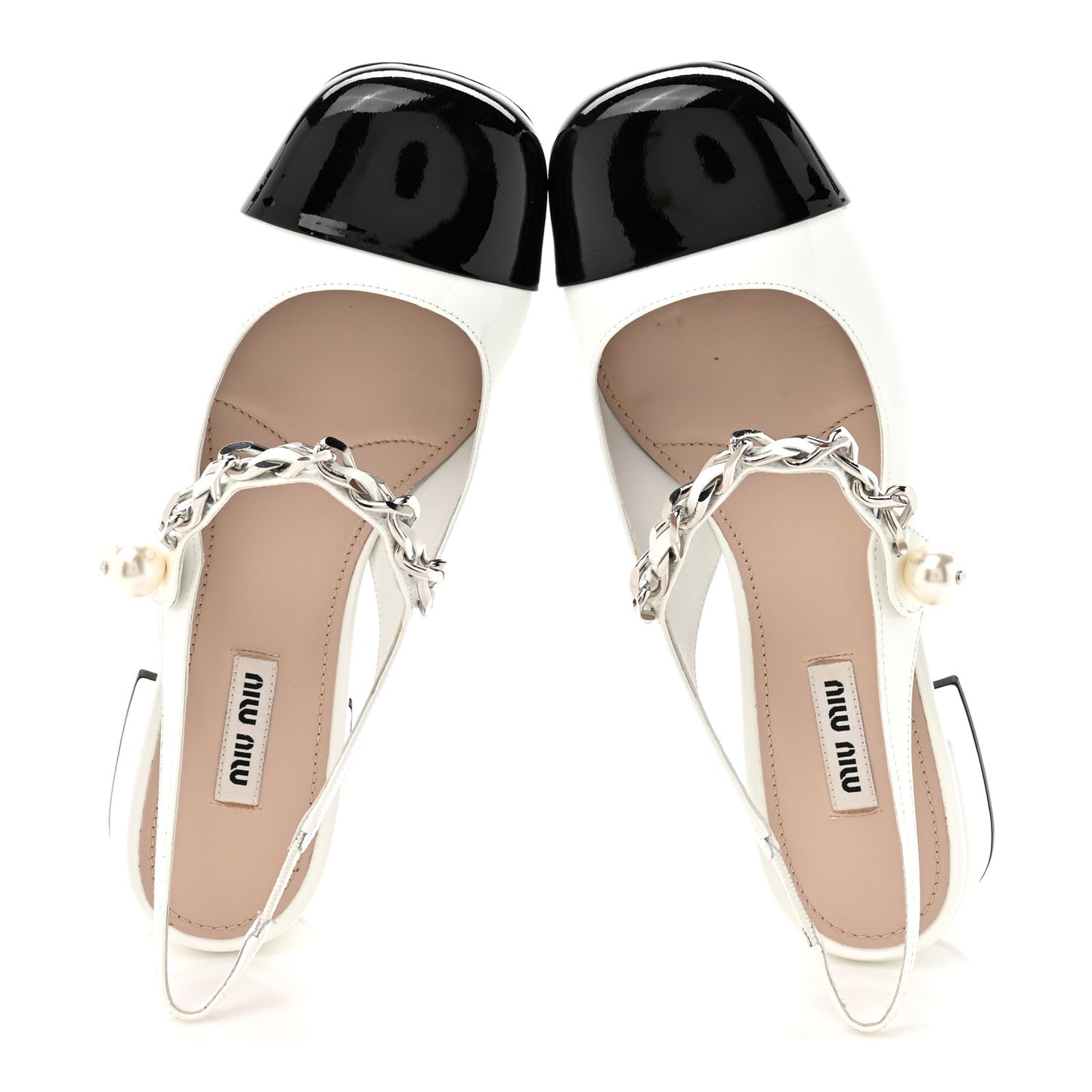 Patent Calfskin Chain Pearl Slingback Pumps 37.5 Ivory Black