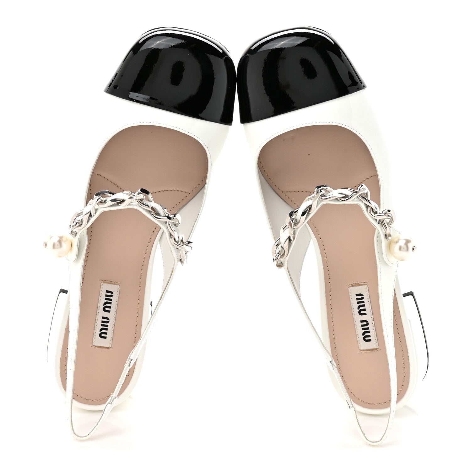 Miu Miu Patent Calfskin Chain Pearl Slingback Pumps 37.5 Ivory Black 2 of 9