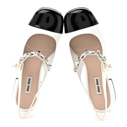 Miu Miu Patent Calfskin Chain Pearl Slingback Pumps 37.5 Ivory Black 2 of 9