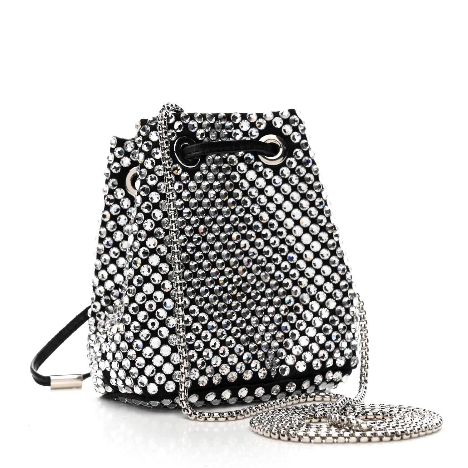 Prada Satin Crystal Metal Triangle Logo Mini Drawcord Pouch Shoulder Bag Cristal 3 of 8