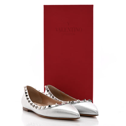Valentino Garavani Metallic Pebbled Calfskin Rockstud Ballerina Flats 35 Silver 12 of 12