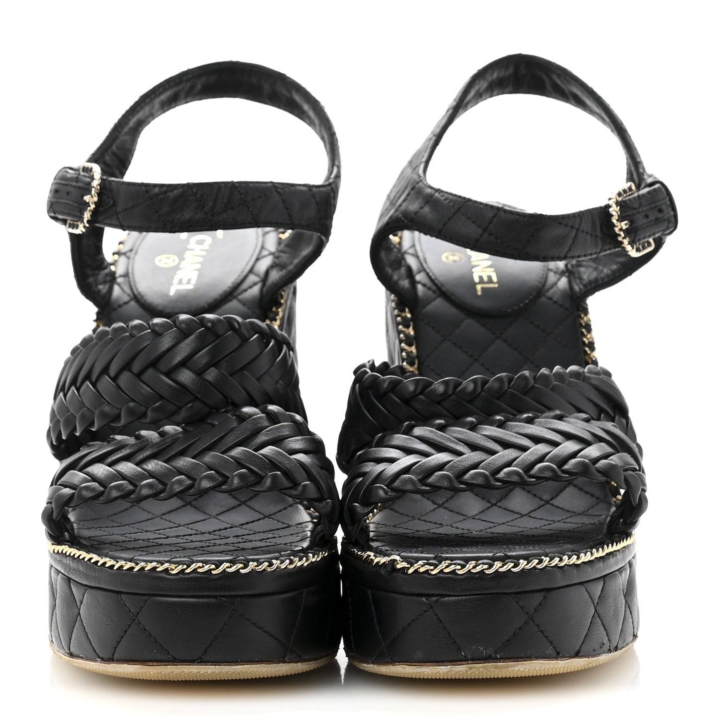 Calfskin Quilted Chain Around Wedge Sandals 37 Black