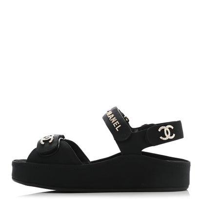 Chanel Grosgrain Crystal Logo Platform Sandals 37 Black 1 of 8