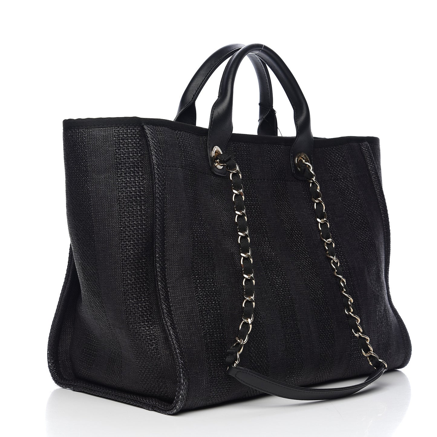 Straw Raffia Calfskin Striped Large Deauville Tote Black