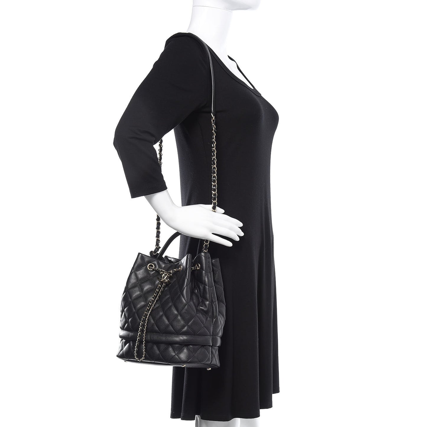 Caviar Quilted Large Rolled Up Bucket Drawstring Bag Black