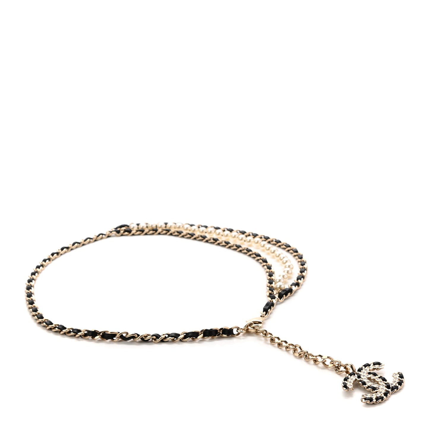 Lambskin Pearl Chain CC Fancy Belt Black Gold