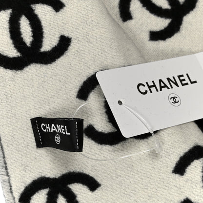 Chanel Wool Cashmere CC Scarf Black White 3 of 4