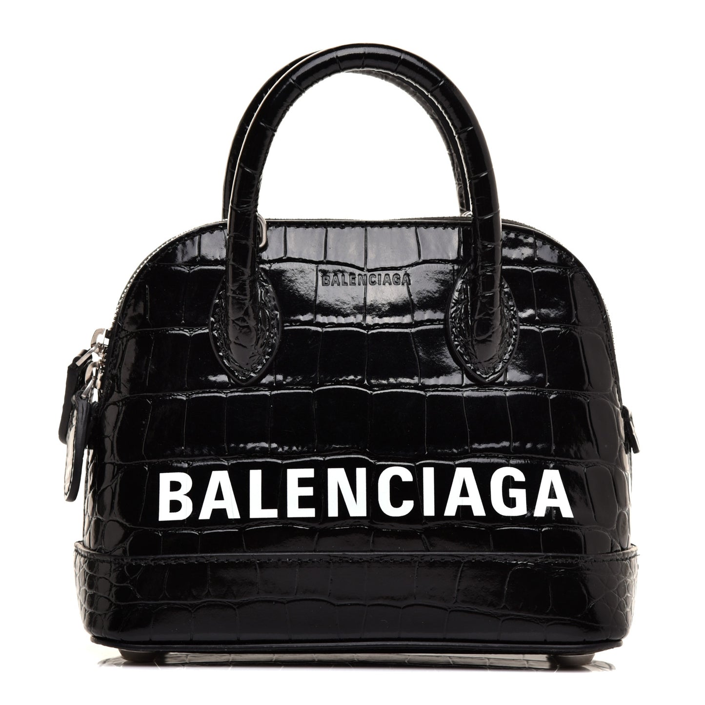 Shiny Calfskin Logo Crocodile Embossed XXS Ville Top Handle Bag Black White