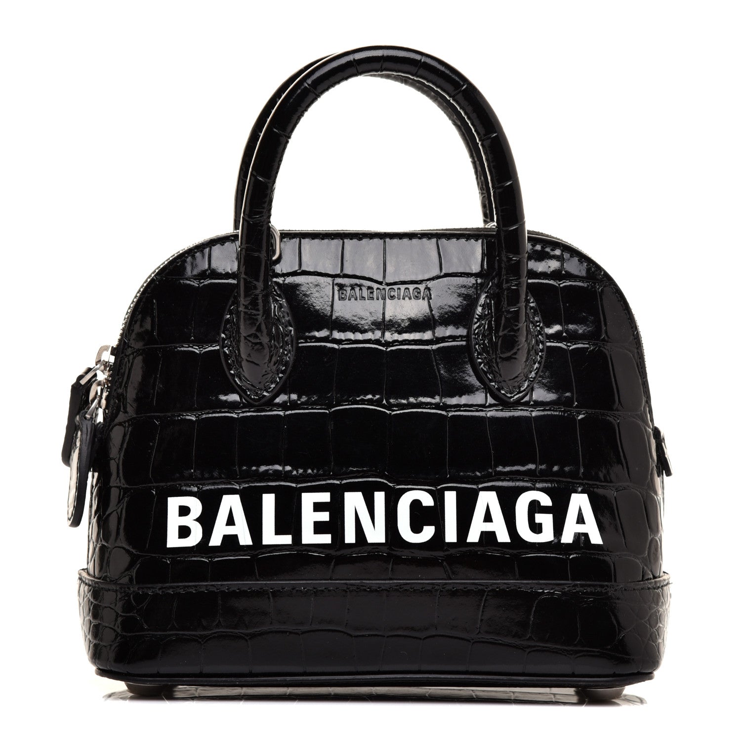 Balenciaga Shiny Calfskin Logo Crocodile Embossed XXS Ville Top Handle Bag Black White 1 of 10