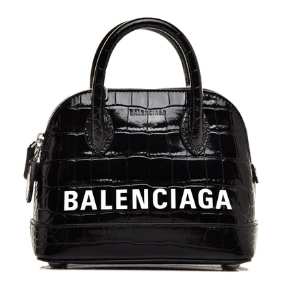 Balenciaga Shiny Calfskin Logo Crocodile Embossed XXS Ville Top Handle Bag Black White 1 of 10