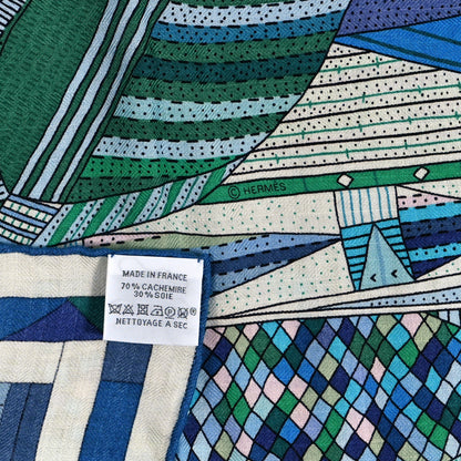 Hermes Cashmere Silk Patchwork Horse Shawl 140 Turquoise Vert Bleu 3 of 4