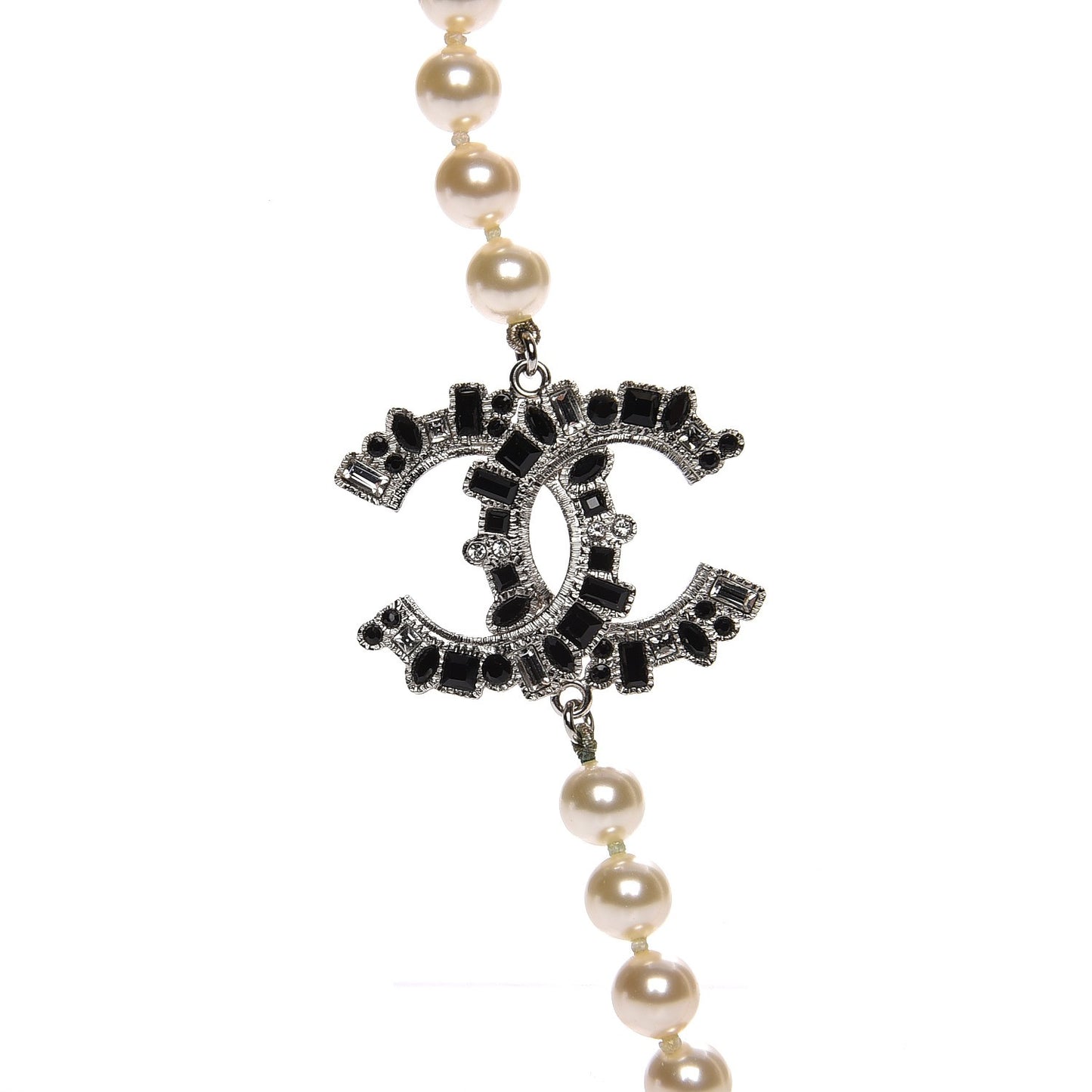 Pearl Crystal CC Long Necklace Black Silver