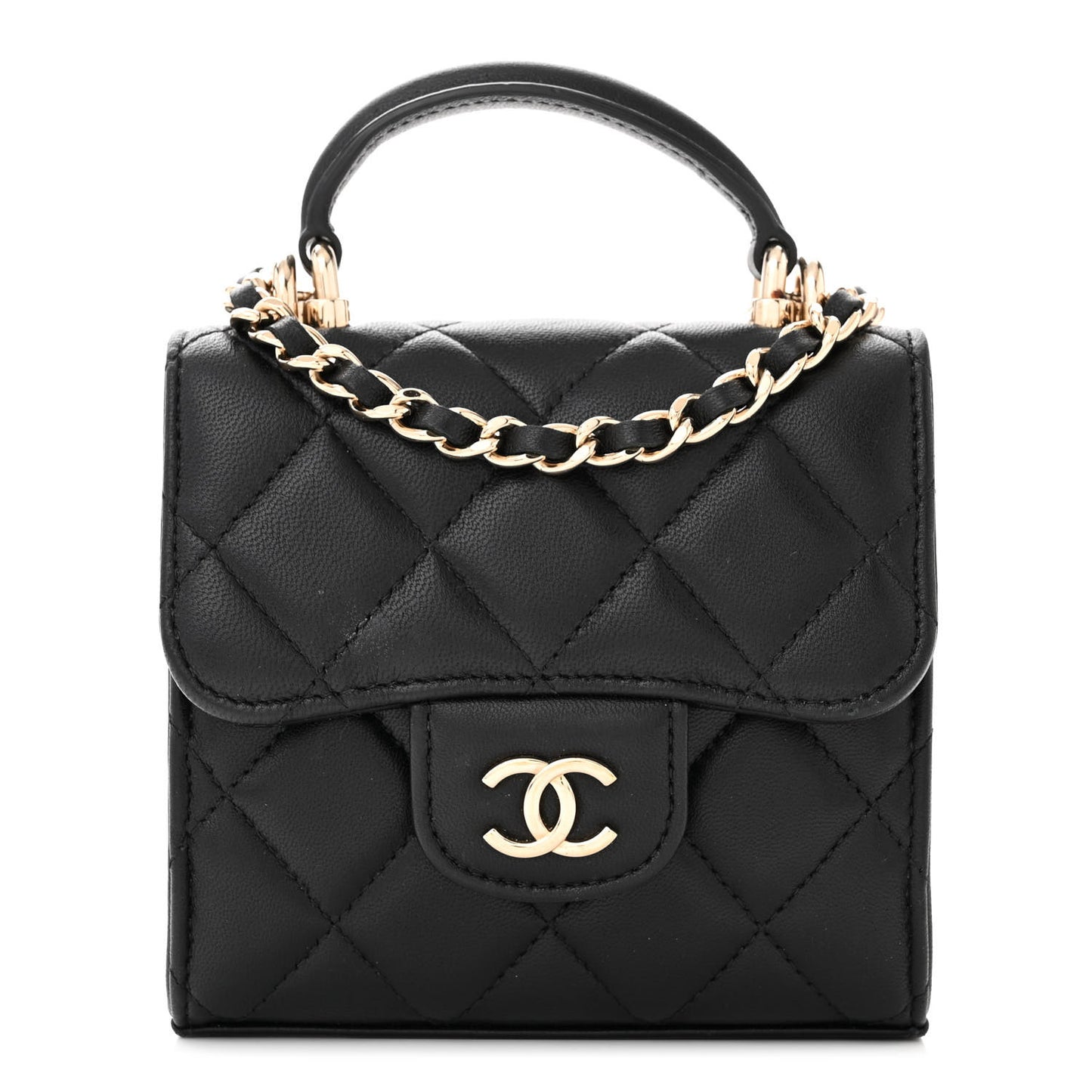 Lambskin Quilted Top Handle Flap Clutch With Chain Black
