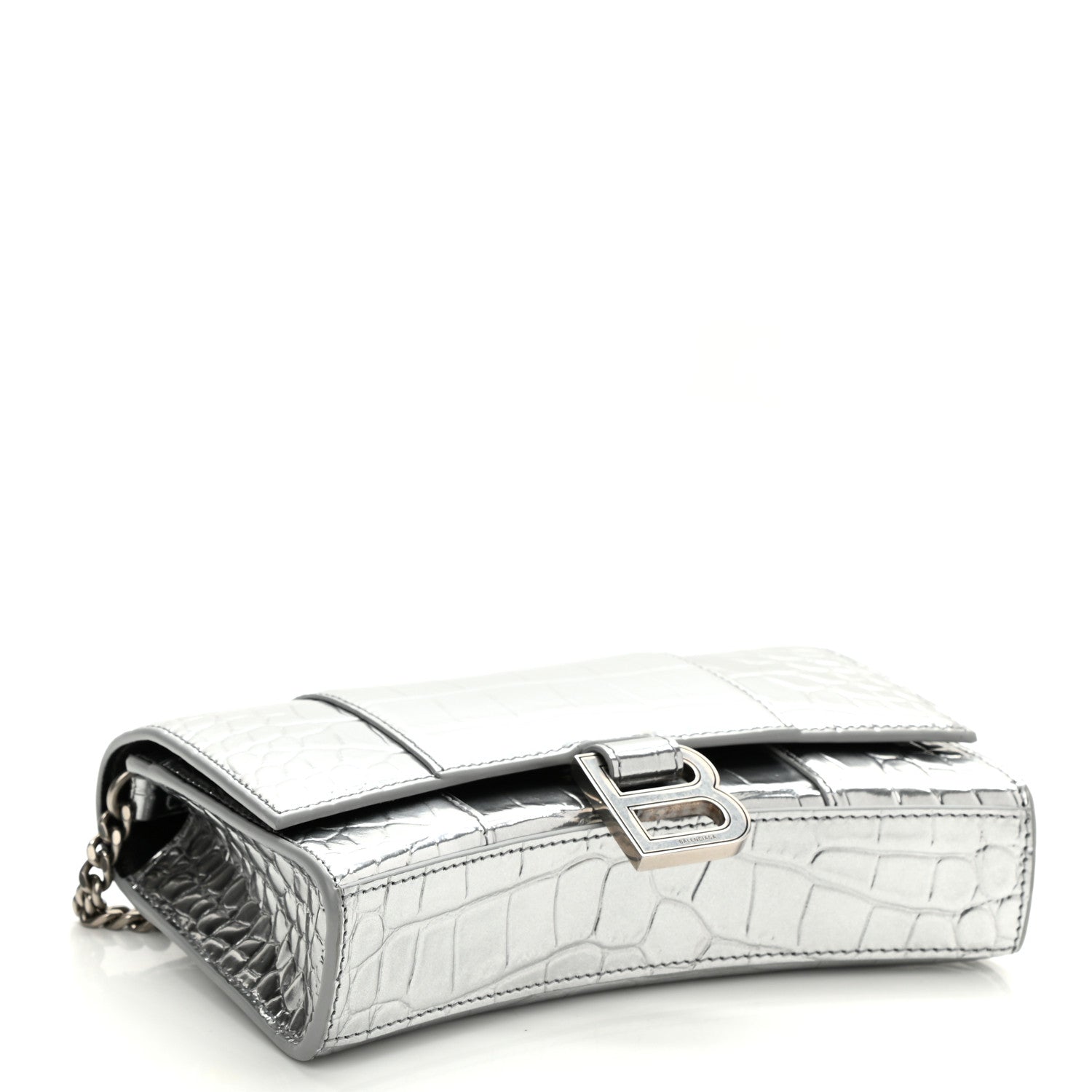Balenciaga Metallic Calfskin Crocodile Embossed Hourglass Chain Bag Silver 4 of 9