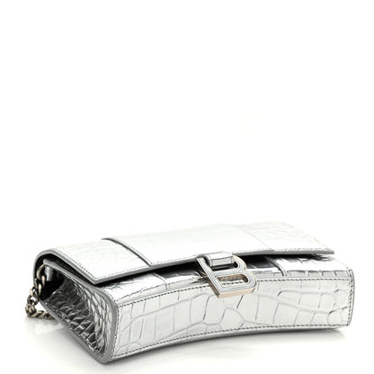 Balenciaga Metallic Calfskin Crocodile Embossed Hourglass Chain Bag Silver 4 of 9