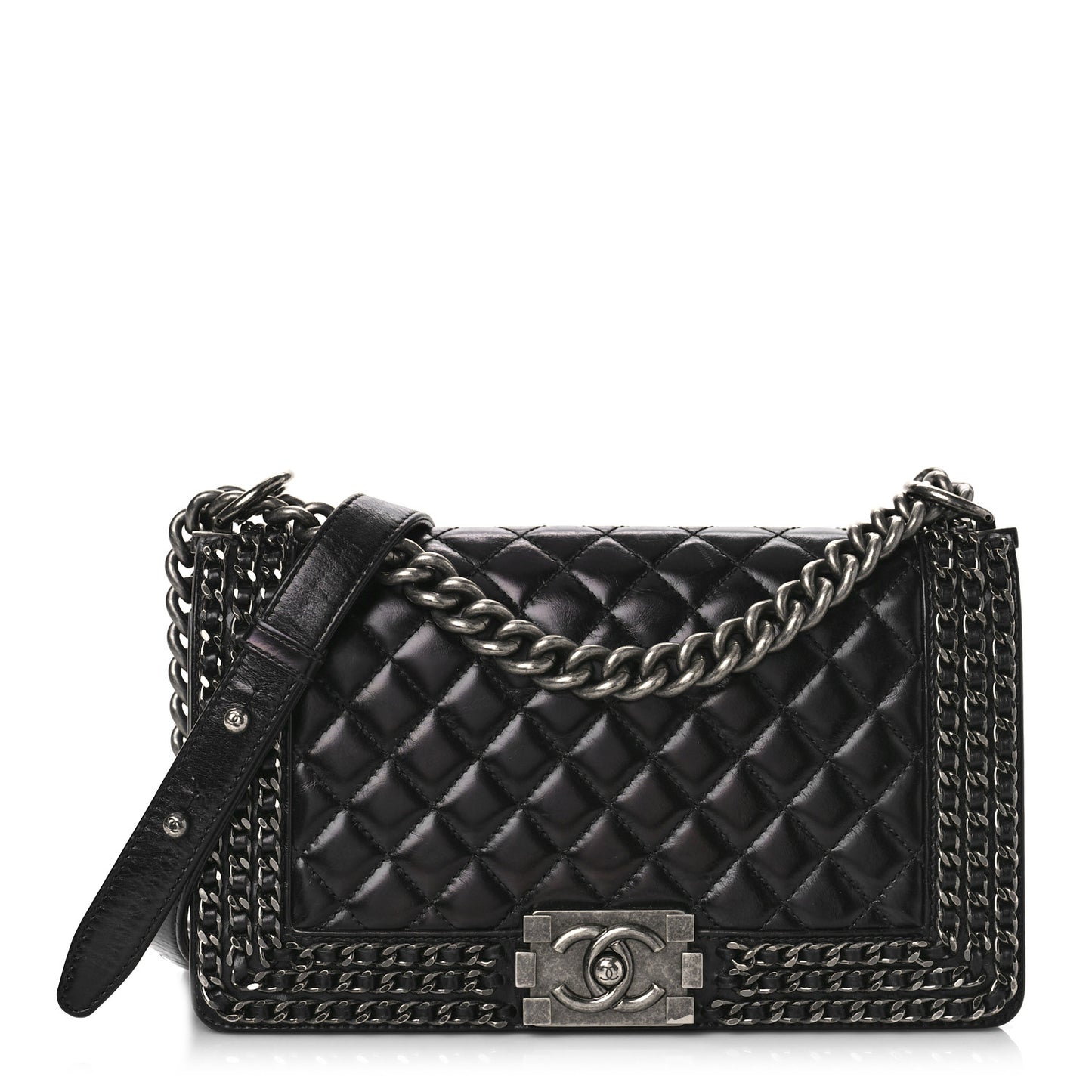 Glazed Calfskin Quilted Medium Boy Chained Flap Black
