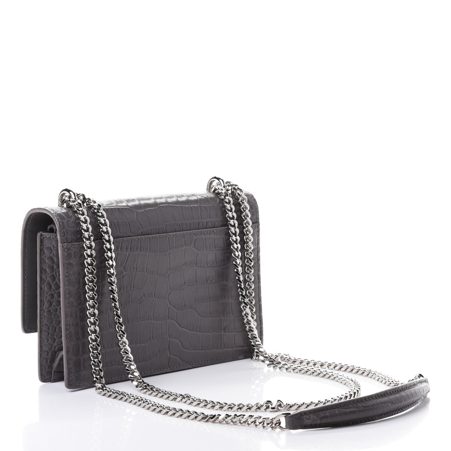 Saint Laurent Calfskin Crocodile Embossed Monogram Sunset Chain Wallet Graphite 2 of 4