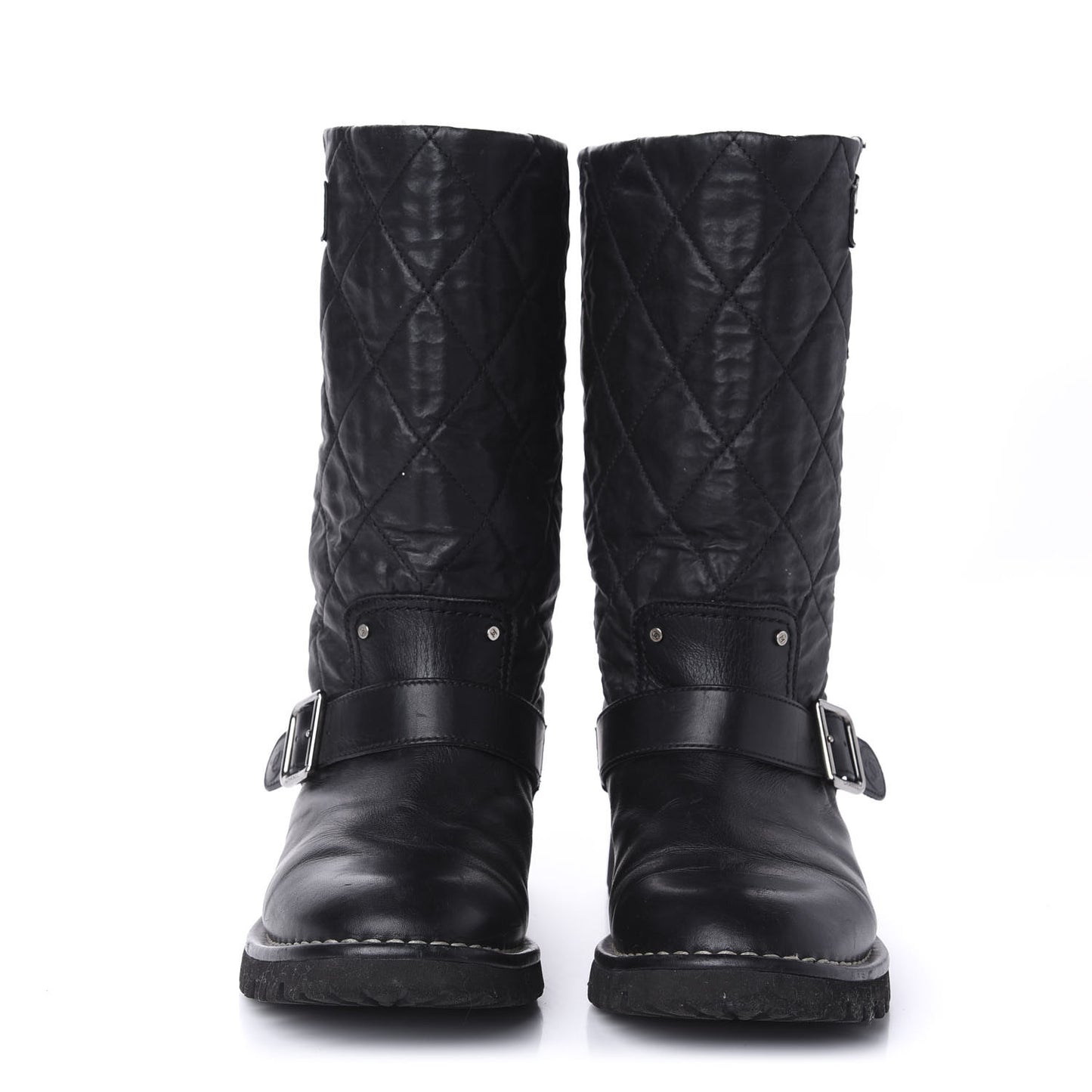 Calfskin Quilted Biker Boots 36.5 Black