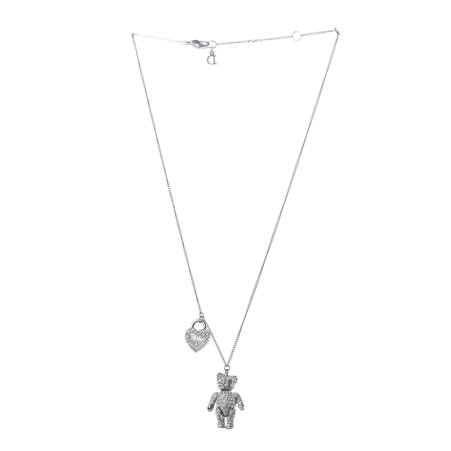 Crystal Teddy Bear Heart Necklace Silver