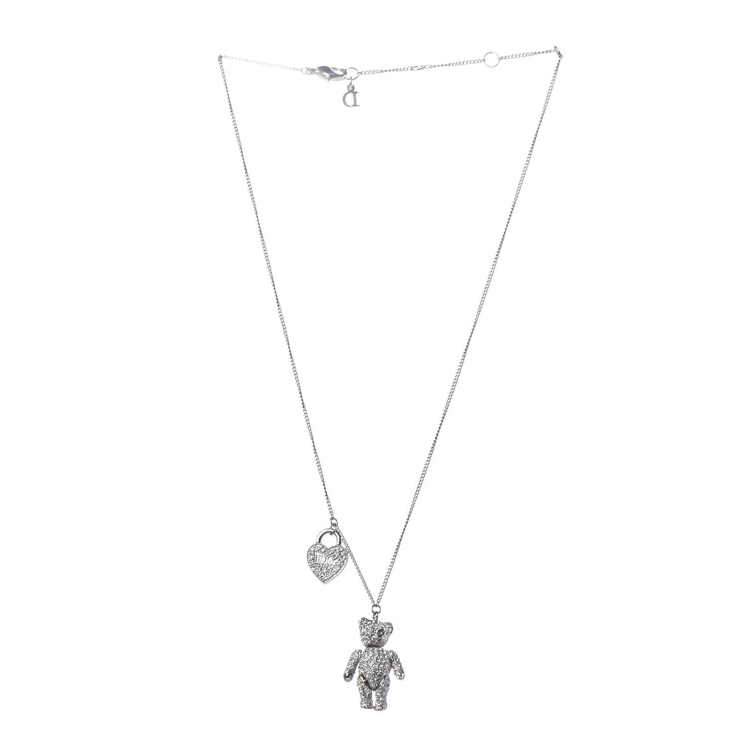 Christian Dior Crystal Teddy Bear Heart Necklace Silver 3 of 6
