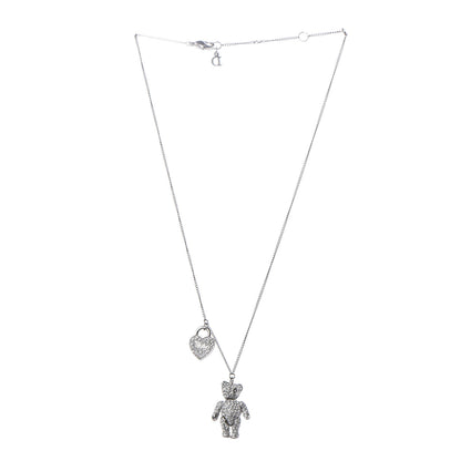 Christian Dior Crystal Teddy Bear Heart Necklace Silver 3 of 6