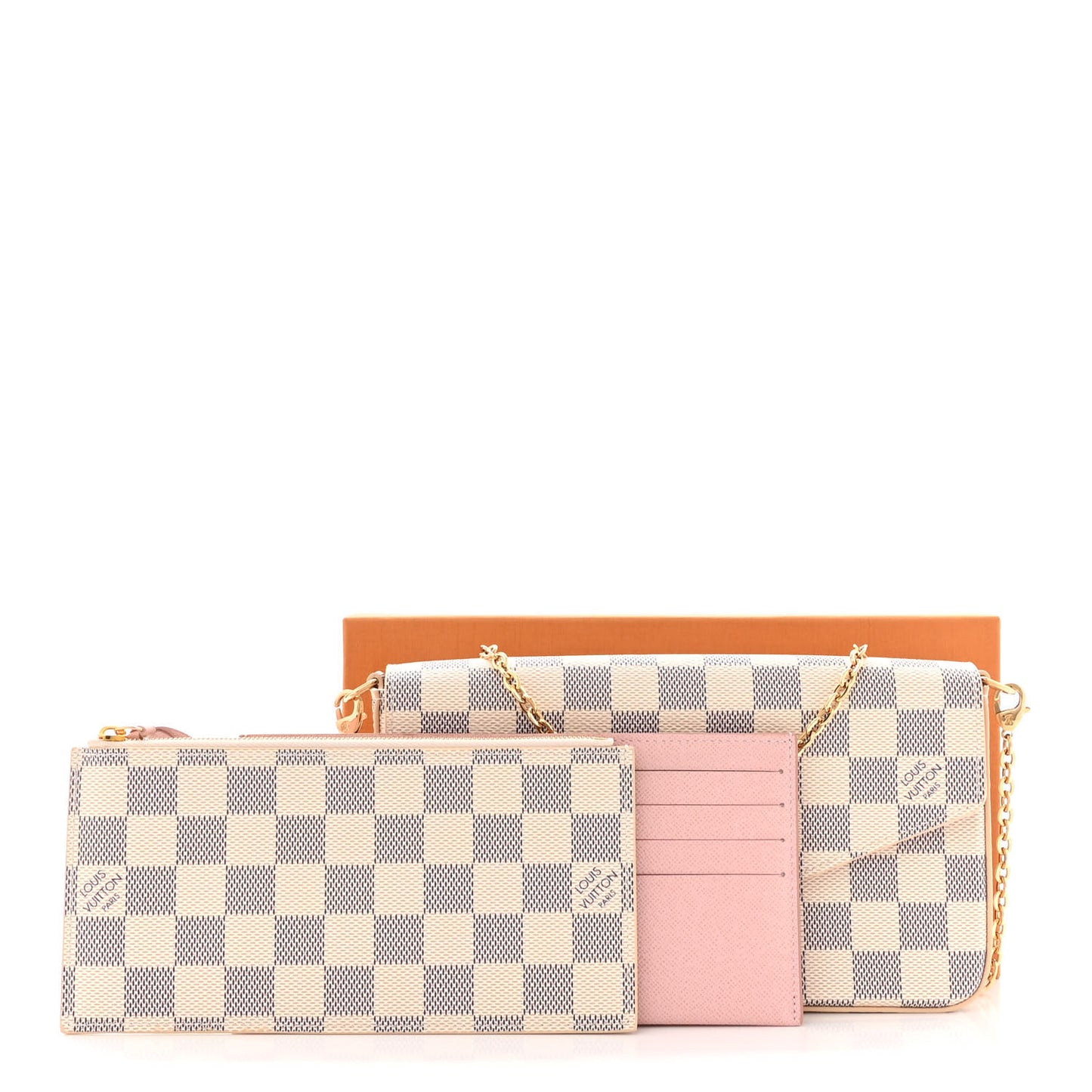 Damier Azur Pochette Felicie Chain Wallet Rose Ballerine