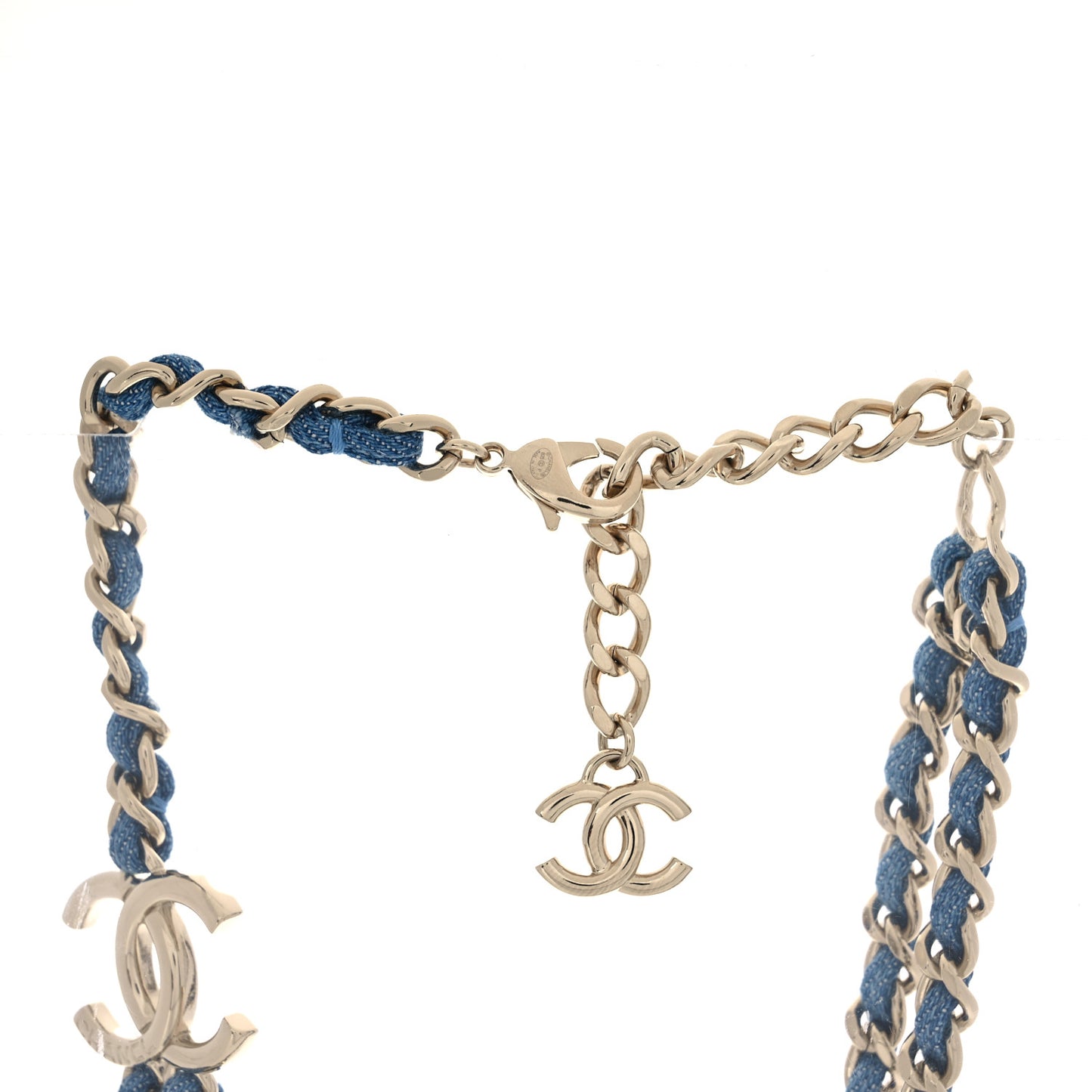 Metal Denim CC Double Chain Necklace Blue Gold