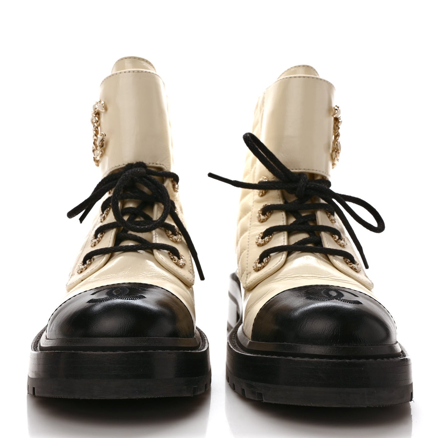 Shiny Goatskin Calfskin Quilted Lace Up Combat Boots 38 Ivory Black