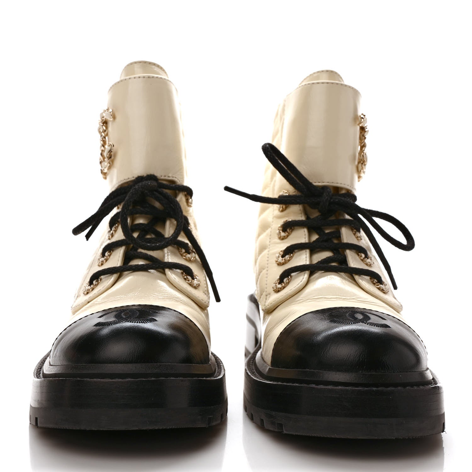 Chanel Shiny Goatskin Calfskin Quilted Lace Up Combat Boots 38 Ivory Black 2 of 10