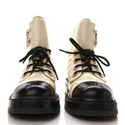 Chanel Shiny Goatskin Calfskin Quilted Lace Up Combat Boots 38 Ivory Black 2 of 10