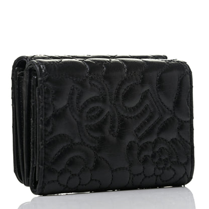 Chanel Lambskin Camellia Embossed Compact Wallet Black 3 of 8