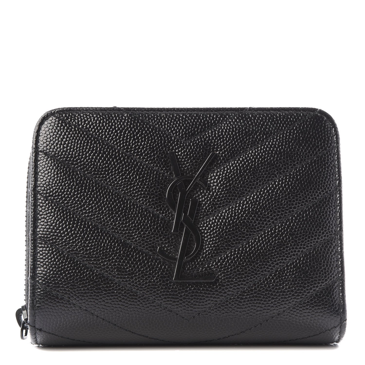 Saint Laurent Grain De Poudre Matelasse Chevron Monogram Compact Zip Around Wallet Black 1 of 10