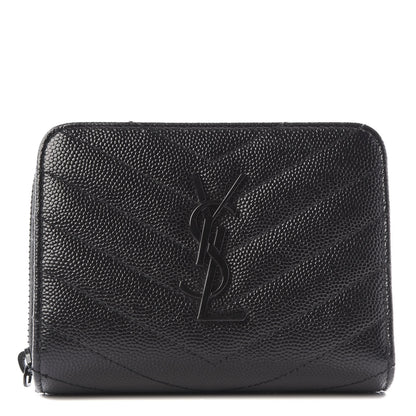 Saint Laurent Grain De Poudre Matelasse Chevron Monogram Compact Zip Around Wallet Black 1 of 10
