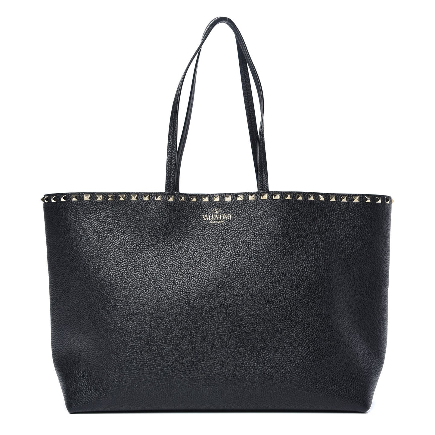 Grained Calfskin Rockstud Shoulder Tote Black