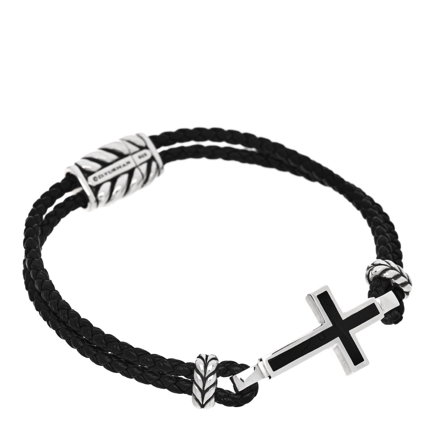 David Yurman Sterling Silver Leather Black Onyx Exotic Stone Cross Bracelet 1 of 3