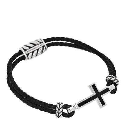 David Yurman Sterling Silver Leather Black Onyx Exotic Stone Cross Bracelet 1 of 3