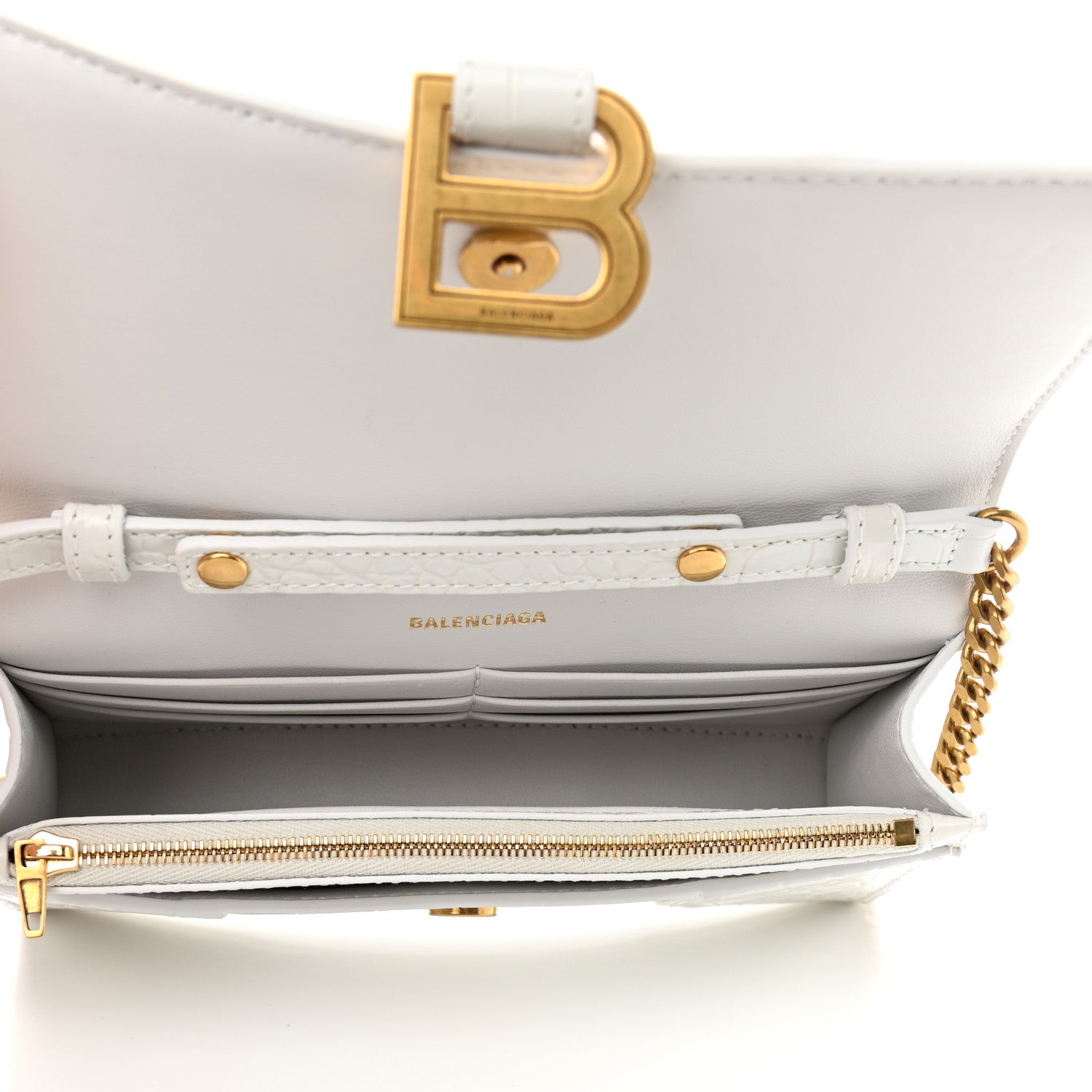 Balenciaga Shiny Calfskin Crocodile Embossed Hourglass Chain Bag White 7 of 11