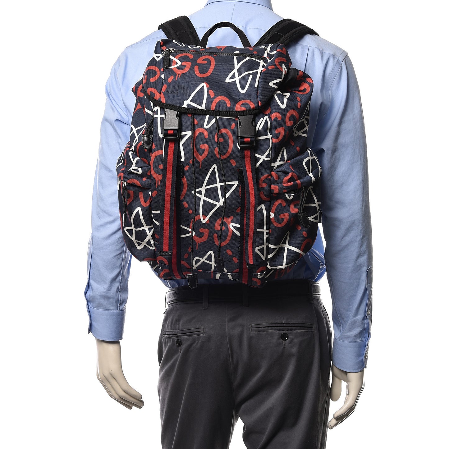 Techno Canvas GucciGhost Double Buckle Backpack Blue Agata Hibiscus Red