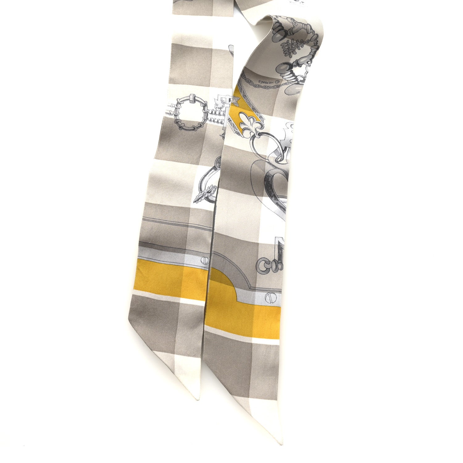 Hermes Silk Mors Et Gourmettes Vichy Twilly Etoupe Jaune Vif White 2 of 4