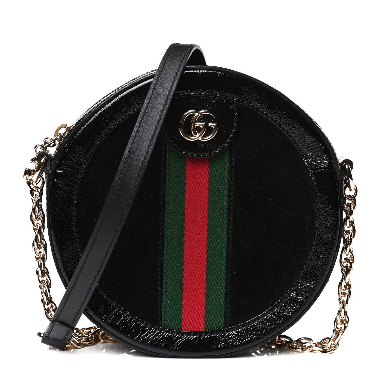 Gucci Suede Patent Web Mini Ophidia Round Shoulder Bag Black 1 of 12