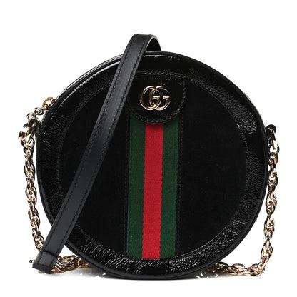 Gucci Suede Patent Web Mini Ophidia Round Shoulder Bag Black 1 of 12