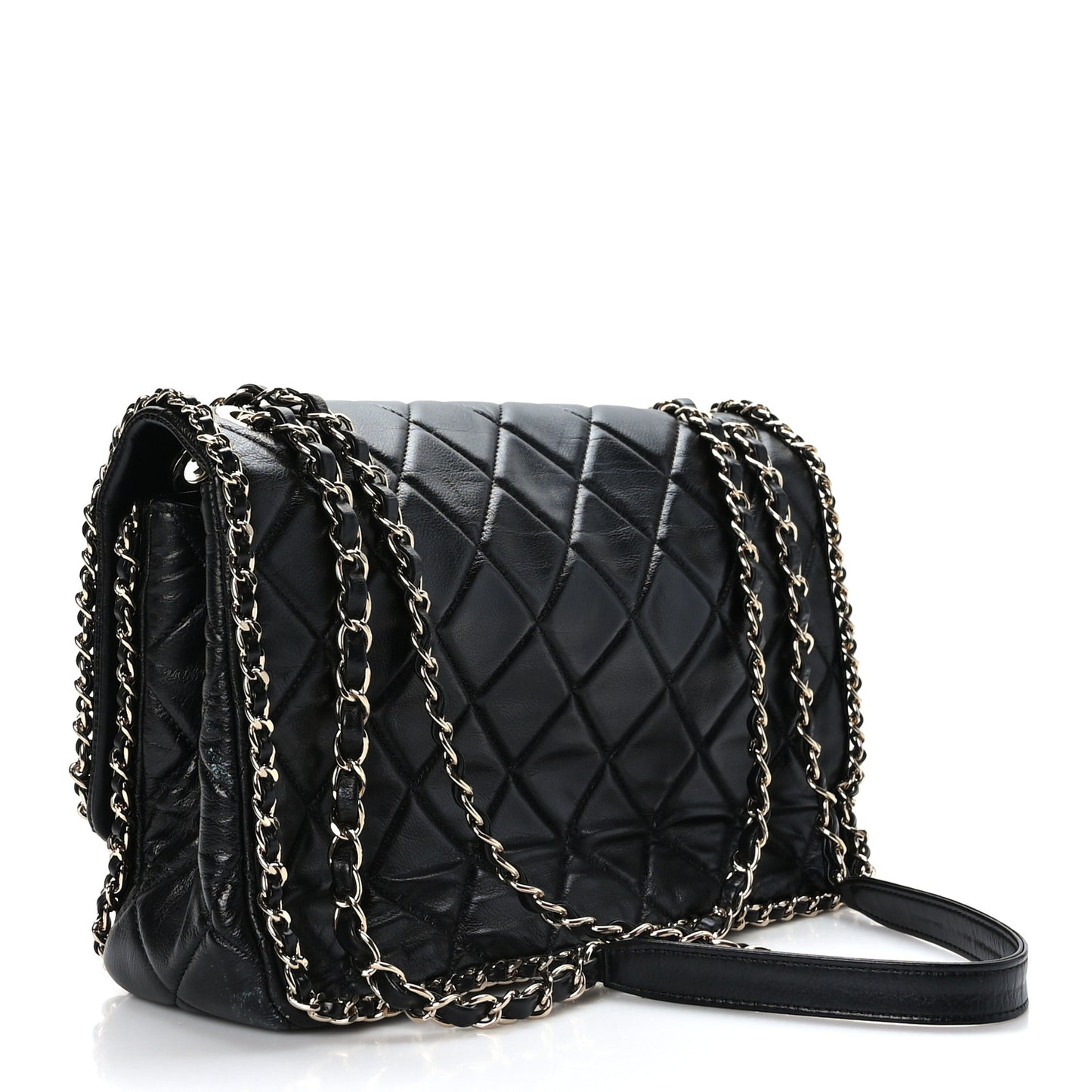 Crumpled Calfskin Quilted Large Chain All Over Flap Bag Black