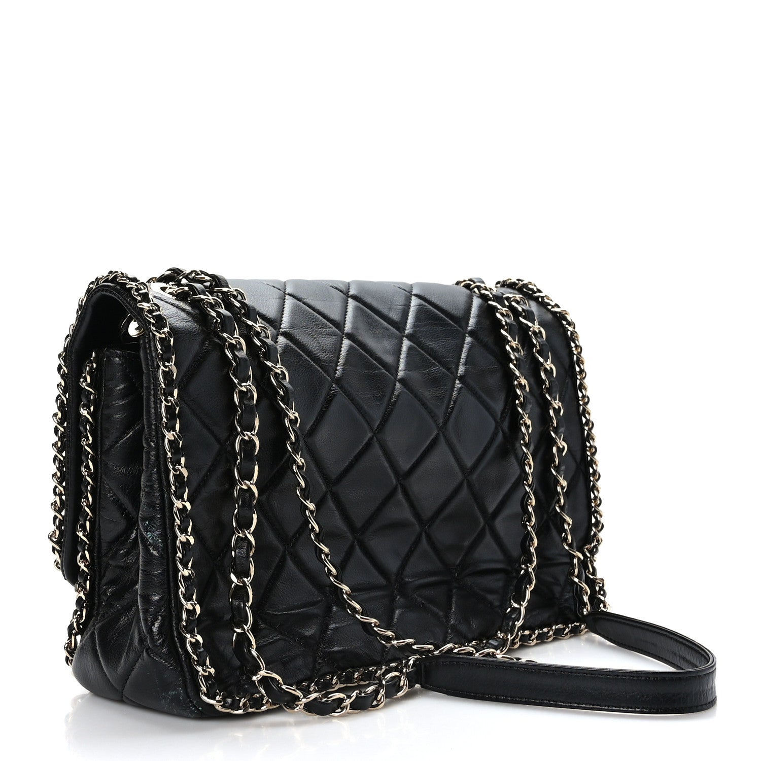 Chanel Crumpled Calfskin Quilted Large Chain All Over Flap Bag Black 3 of 10