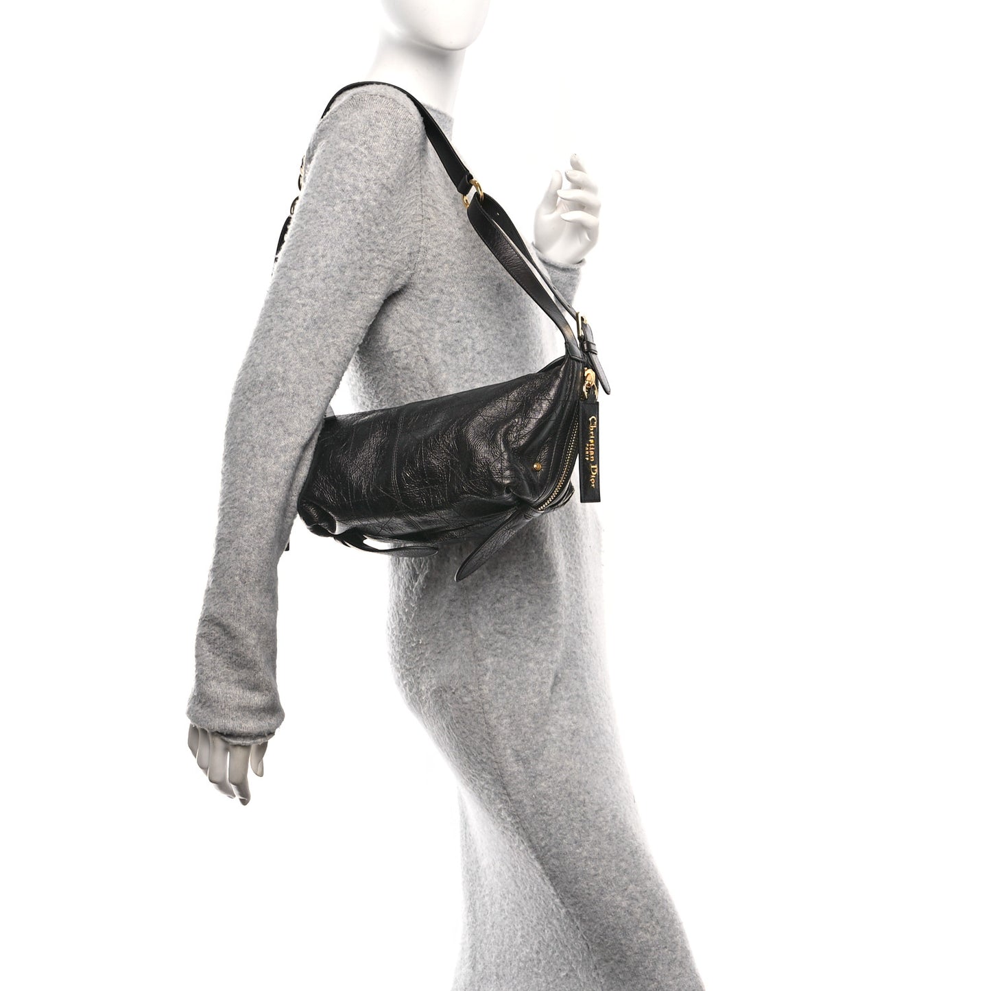 Crinkled Calfskin Macrocannage Medium D-Journey Bag Black