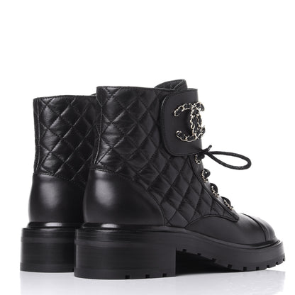 Chanel Shiny Lambskin Quilted Lace Up Combat Boots 39 Black 4 of 11
